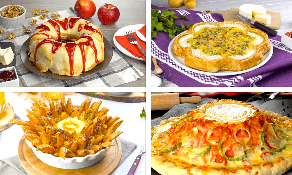 6 Rezepte mit Cambembert: Beitragsbild mit vier Rezepten.