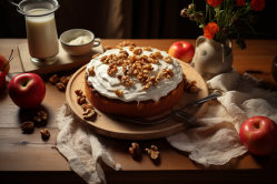 Ein goldbrauner, tierfreundlicher Apfelkuchen, serviert auf einem Holzbrett mit veganer Schlagsahne. Im Hintergrund liegen Äpfel und weitere Zutaten.