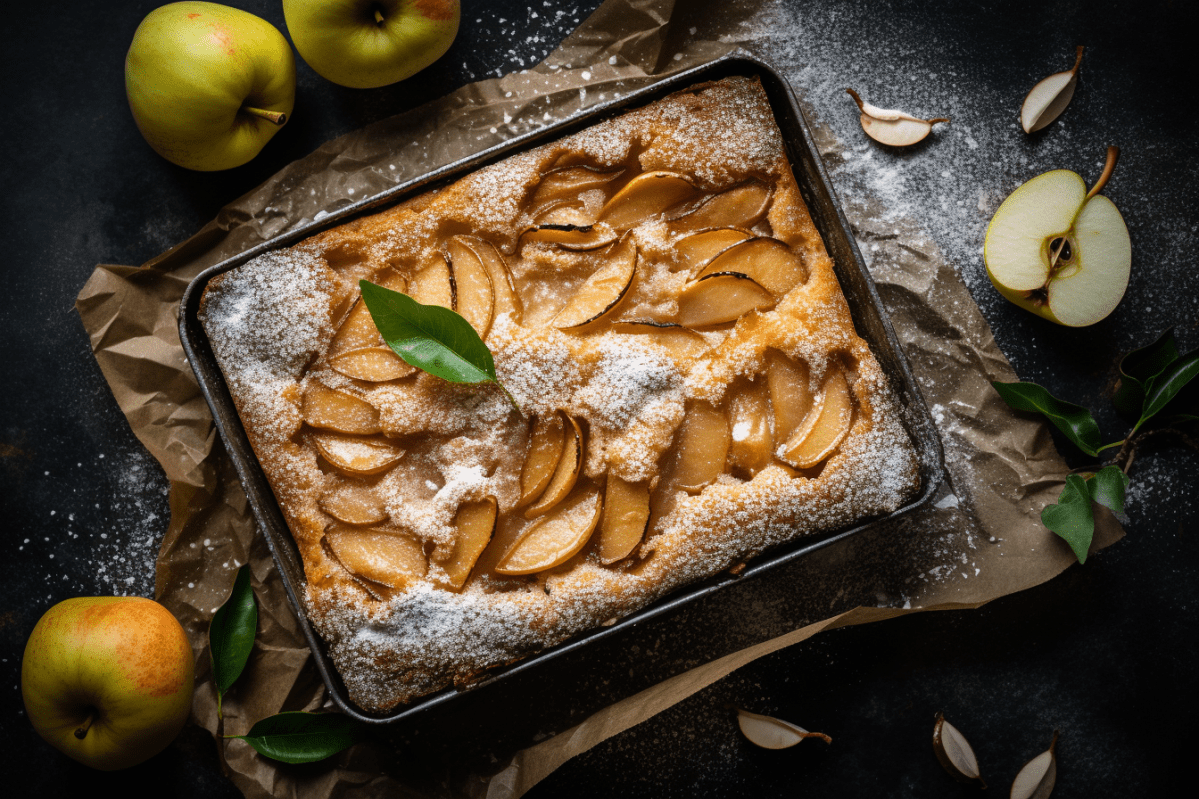 Versunkener Apfelkuchen vom Blech, dekoriert mit Puderzucker.