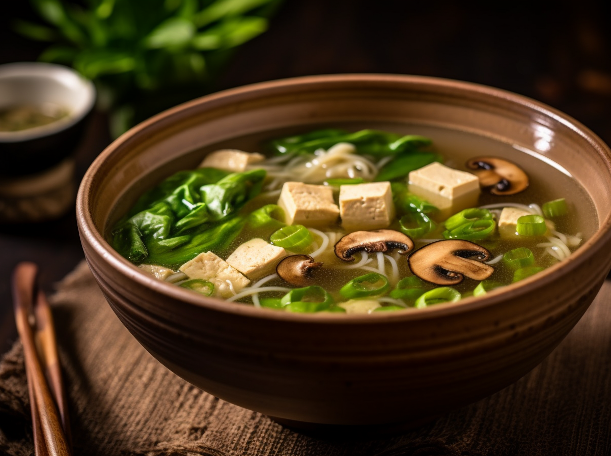 Eine Schüssel Pak-Choi-Suppe mit Tofu und Pilzen. Im Hintergrund sind Zutaten zu sehen.