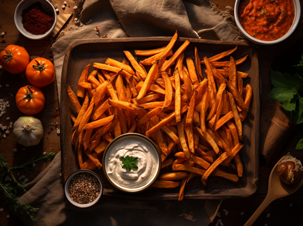 Süßkartoffel-Pommes, angerichtet auf einem Blech mit Dip. Gemüse liegt als Deko außen herum.