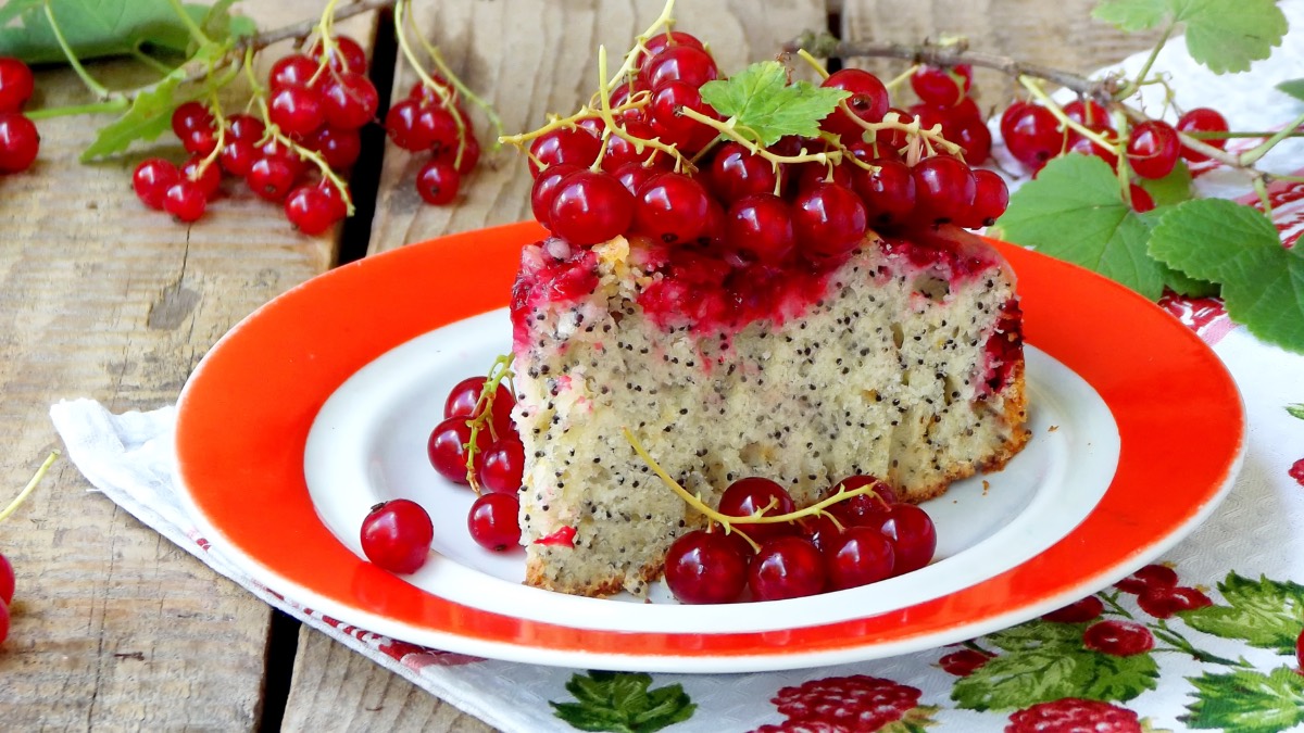 ein Stück Mohnkuchen mit Johannisbeeren auf einem Teller