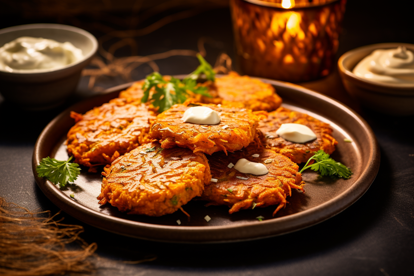 SÃ¼ÃŸkartoffelrÃ¶sti: Goldbraun gebratene SÃ¼ÃŸkartoffelplÃ¤tzchen auf einem Teller, serviert mit einem Dip.