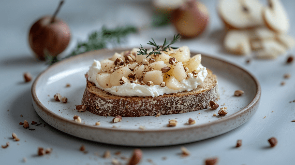 Ein Bratapfel-Toast mit Frischkäse und Apfelscheiben belegt auf einem Brett, dahinter frische ganze Äpfel.