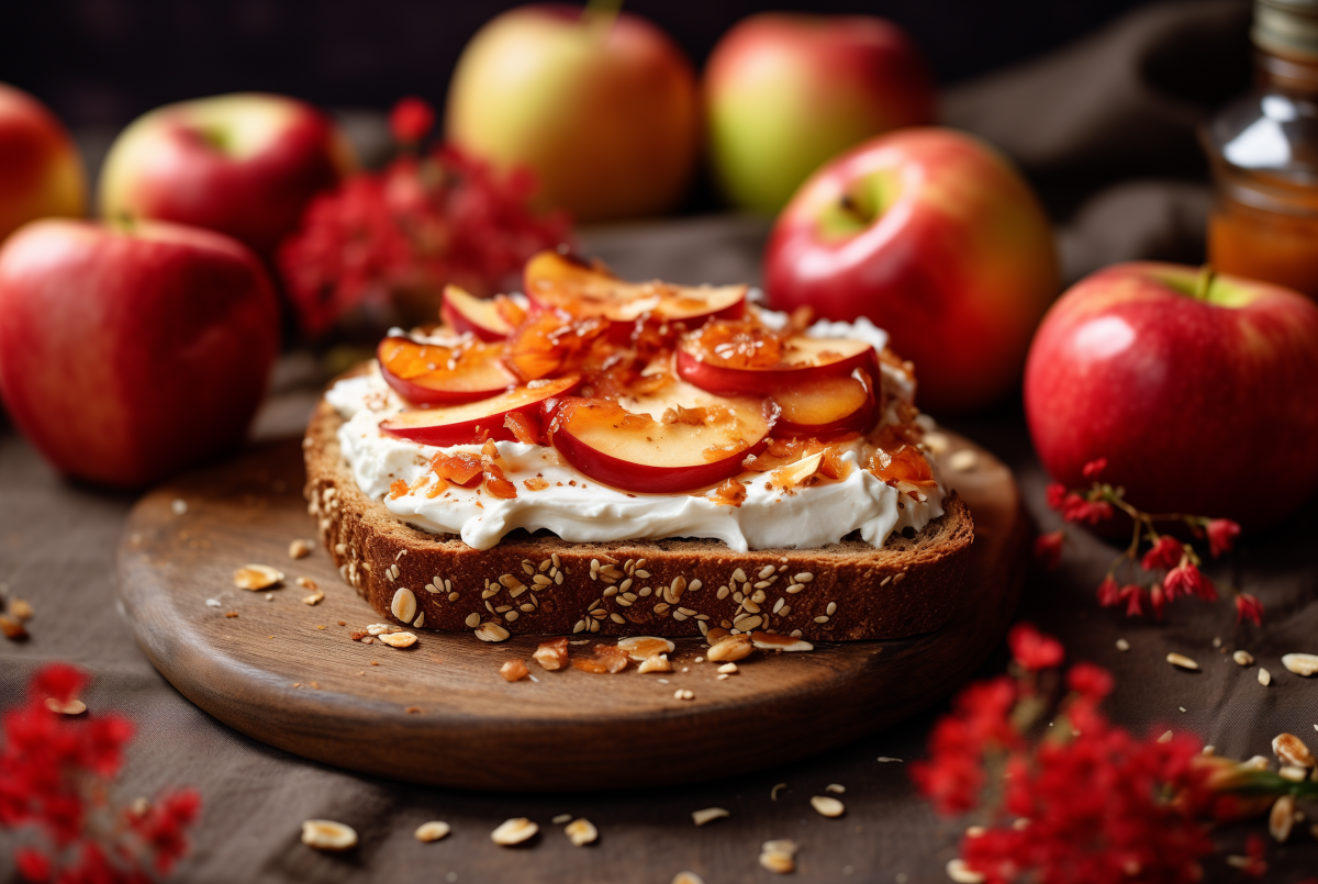 Ein Bratapfel-Toast mit Frischkäse und Apfelscheiben belegt auf einem Brett, dahinter frische ganze Äpfel.