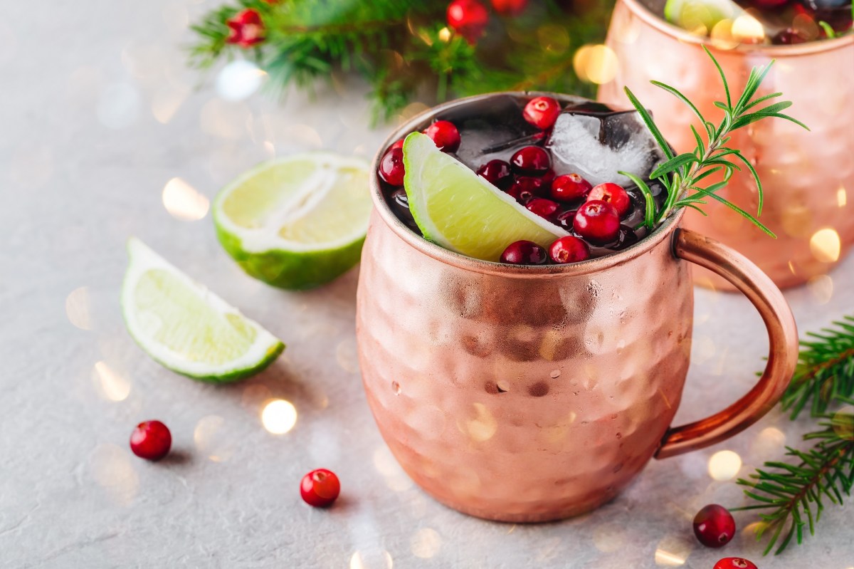 Cranberry Moscow Mule mit Limettenscheibe und frischen Cranberrys in Kupferbecher.