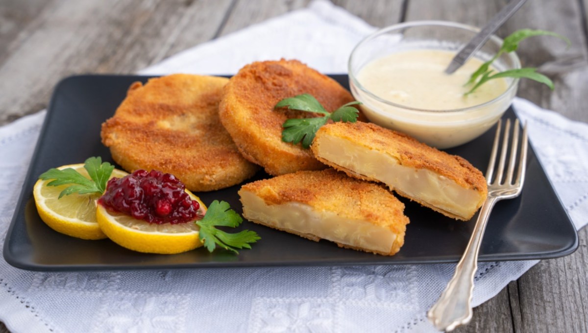 Mehrere Sellerieschnitzel auf einem schwarzen, rechteckigen Teller. Mit auf dem Teller sind zwei Zitronenscheiben, eine davon mit Preiselbeermarmelade, und ein Schälchen mit weißer Soße.