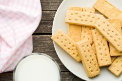 Blick von oben auf einen Teller mit Shortbread-Keksen und einem Glas Milch daneben.