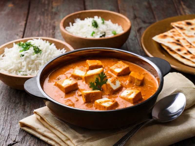 Tisch mit einer Schale Tofu Makhani, einer Schale Reis und Fladenbrot