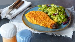 Ein Teller mit Auberginenschnitzel und Salat auf einem blau-weißen Tischtuch mit Salz- und Pfefferstreuer.