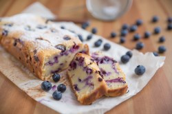 Blaubeer-Joghurt-Kuchen auf Backpapier mit zwei abgeschnittenen Stückchen.