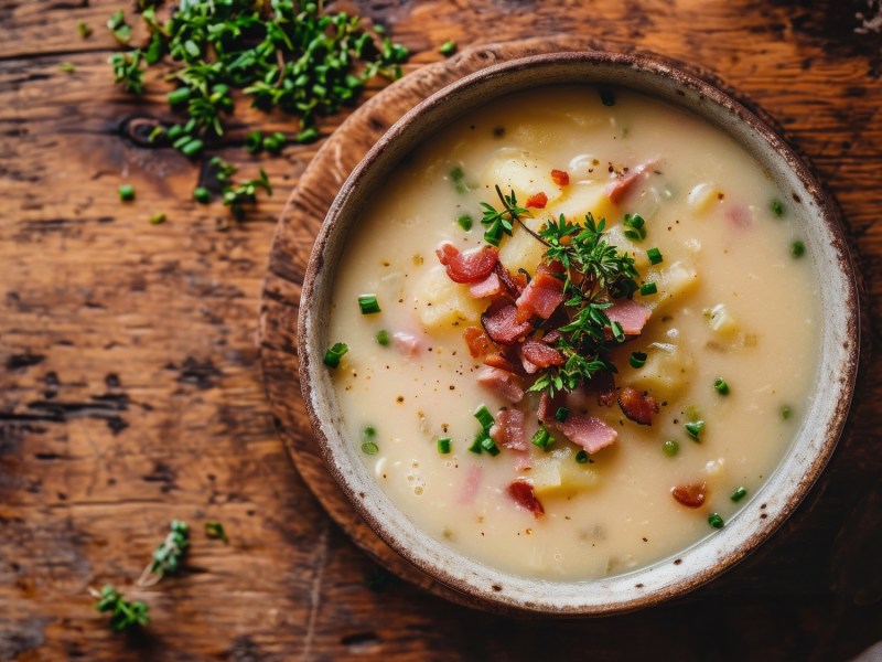 Schale mit einer Bratkartoffelsuppe mit Speck auf Holztisch.