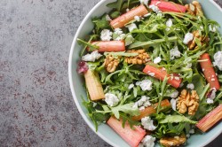 Schale mit Rhabarber-Rucola-Salat auf grauem Untergrund