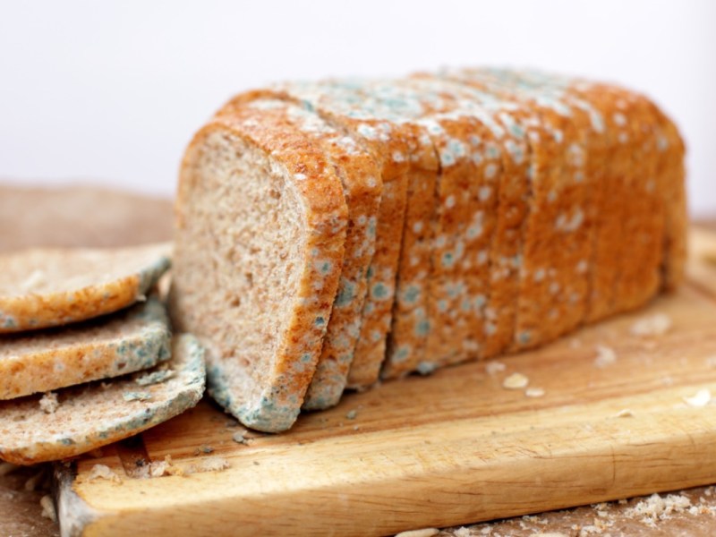 Schimmeliges Brot auf einem Holzbrett.