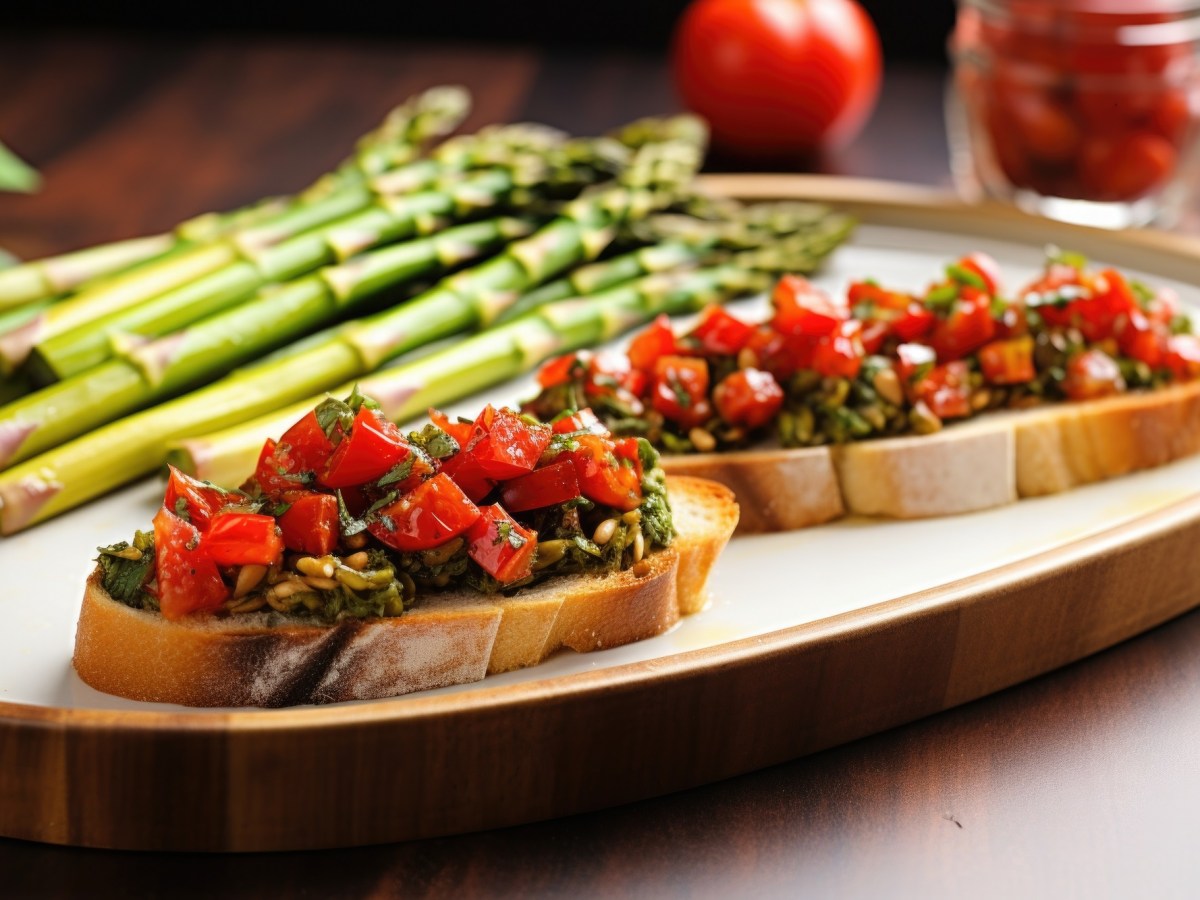 Ein Teller mit zwei Scheiben Brot mit Spargel-Bruschetta und einem Bund grünem Spargel daneben.