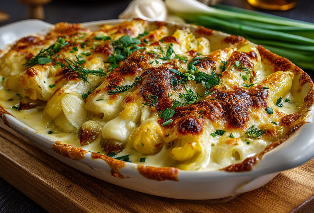 Spargel-Lauch-Auflauf in einer weißen Auflaufform.