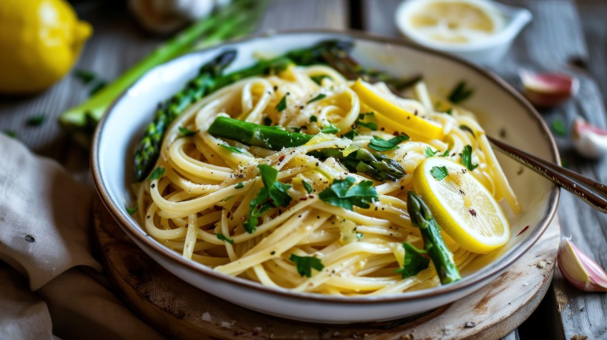 Ein Teller mit Zitronen-Spargel-Nudeln und Zitrone im Hintergrund