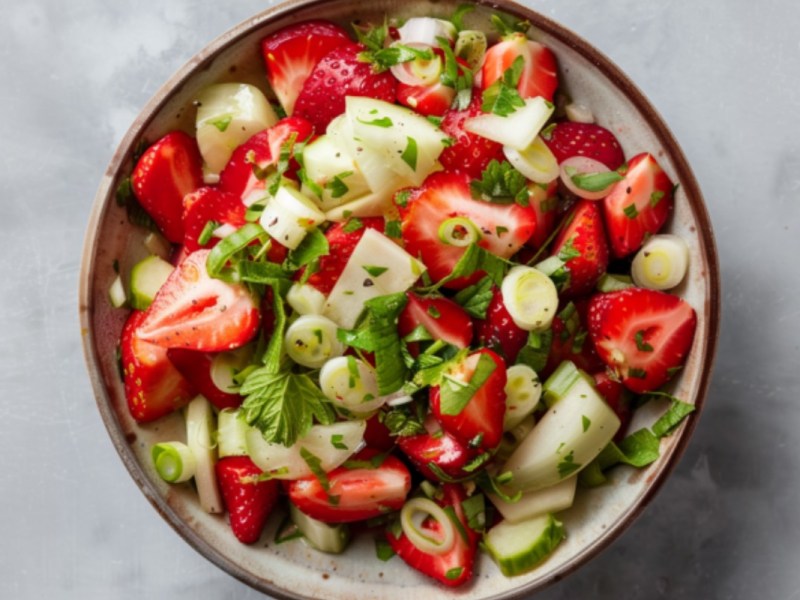 Eine Schüssel Kohlrabi-Erdbeer-Salat in der Draufsicht.