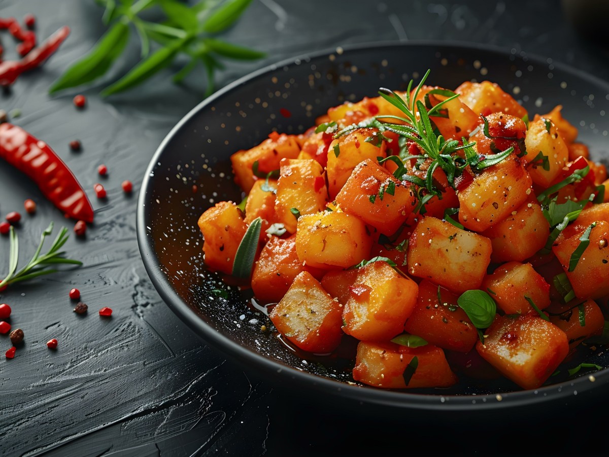 Eine Schüssel Harissa-Kartoffelsalat mit Petersilie garniert.