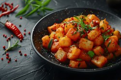 Eine Schüssel Harissa-Kartoffelsalat mit Petersilie garniert.