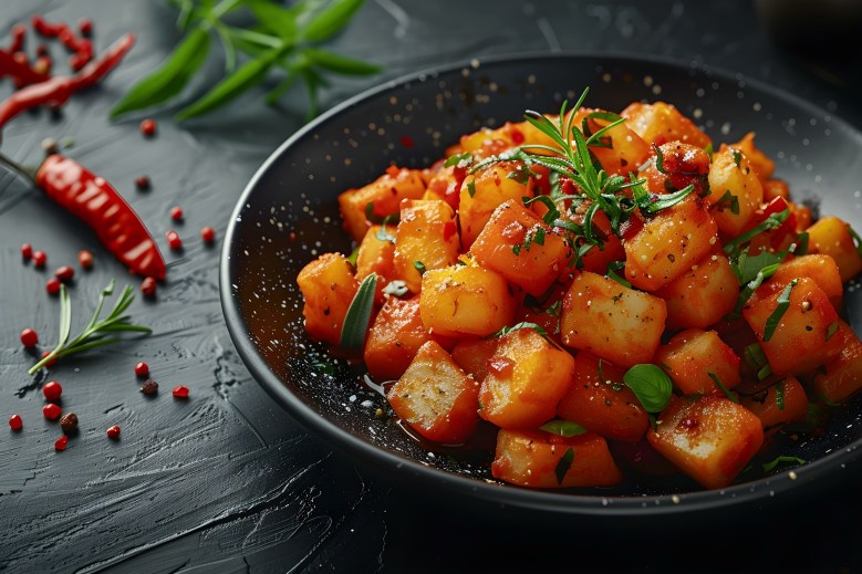 Serviere einen pikanten Harissa-Kartoffelsalat zum Grillen