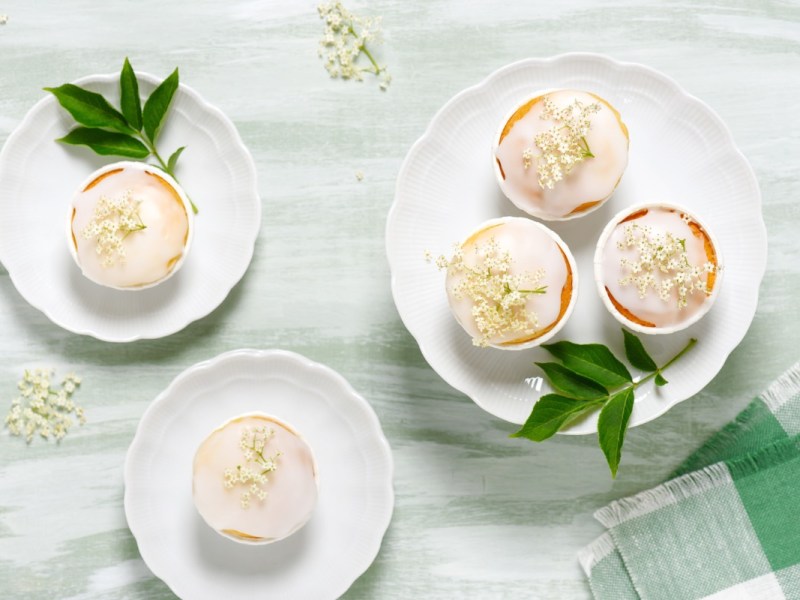 Holunderblüten-Cupcakes auf Tellern, in der Draufsicht.