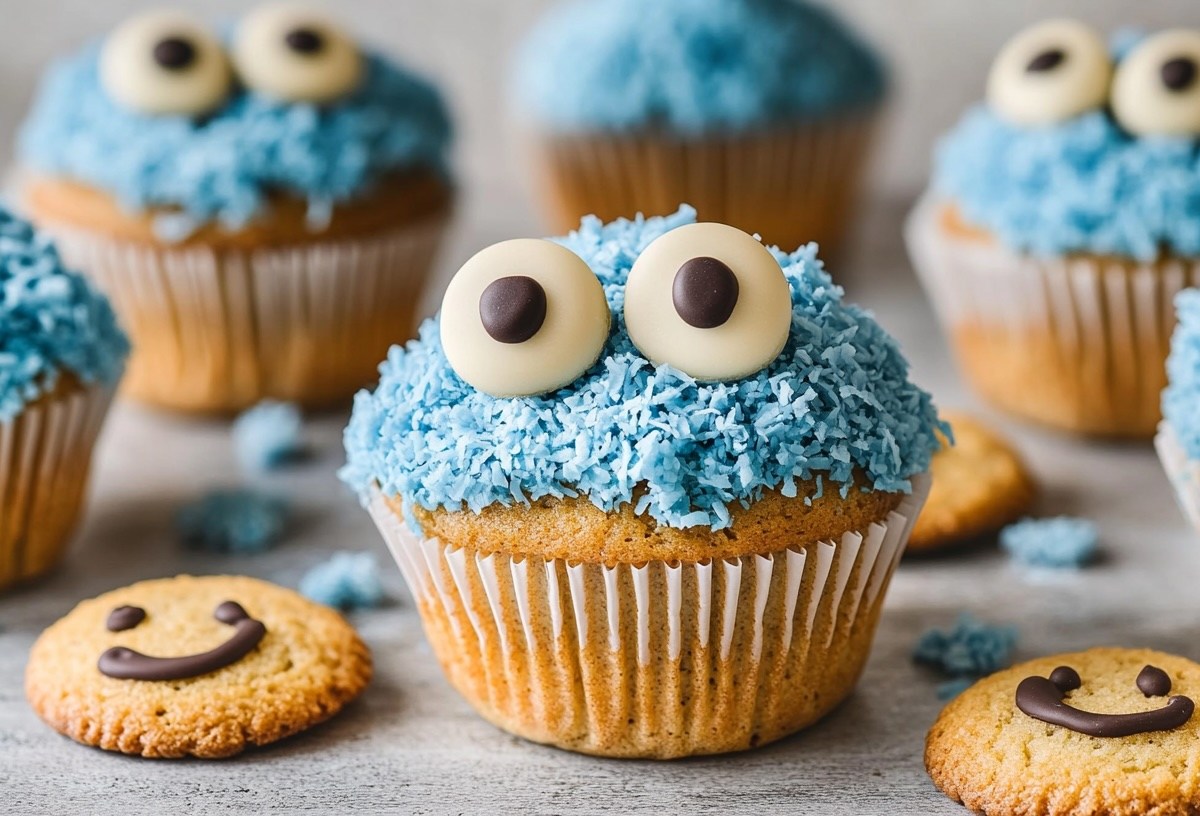 Krümelmonster-Muffins mit Marzipanaugen und Keksen