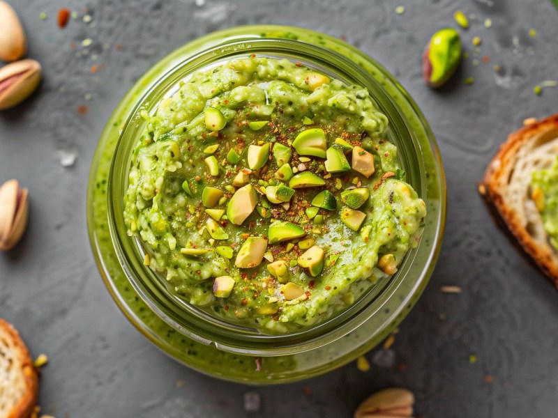 Glas mit Pistazien-Pest und einer Stulle mit dem Pesto bestrichen.