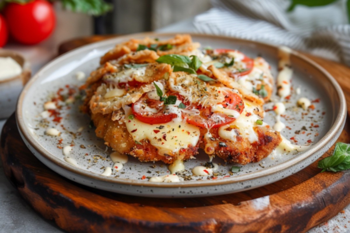 Ein Pizzaschnitzel mit Tomaten und Käse auf einem Teller.