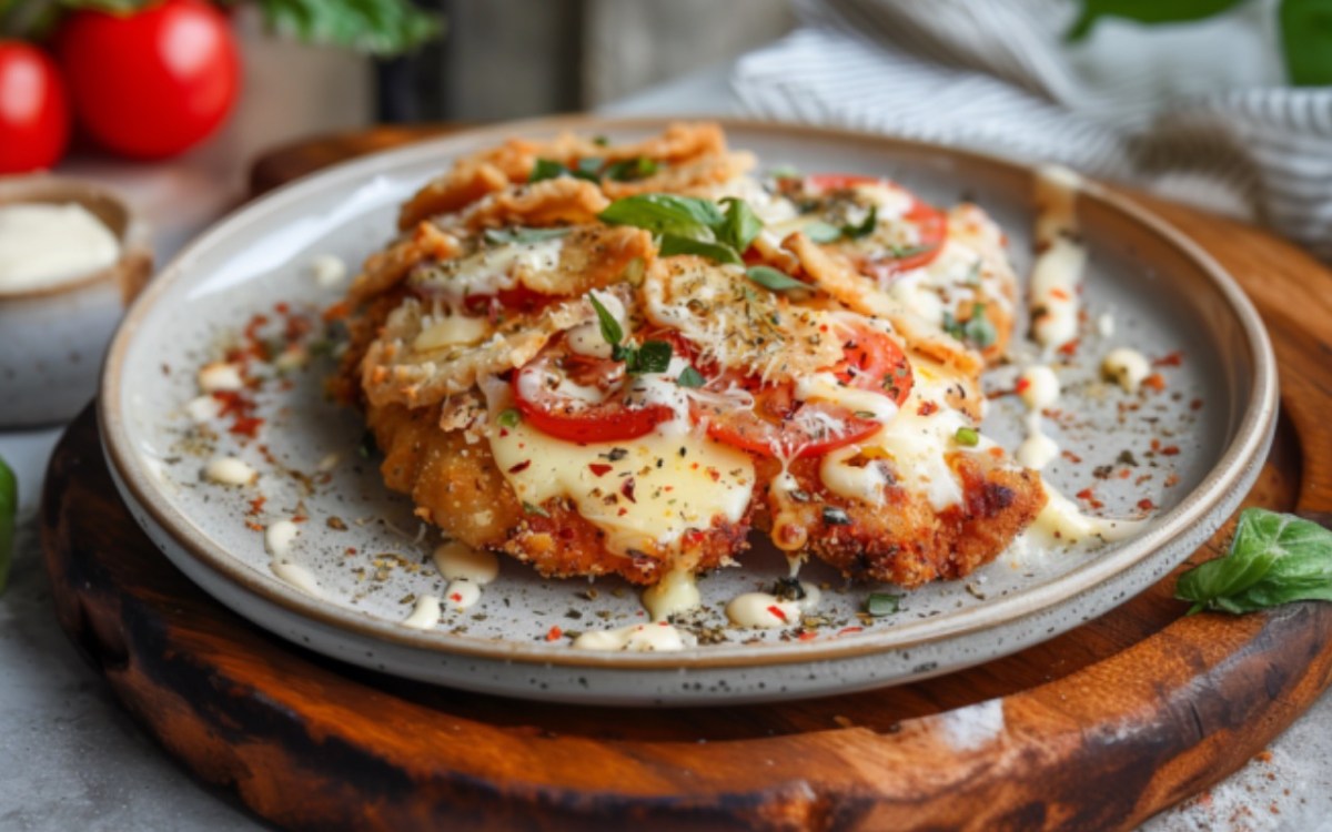 Ein Pizzaschnitzel mit Tomaten und Käse auf einem Teller.