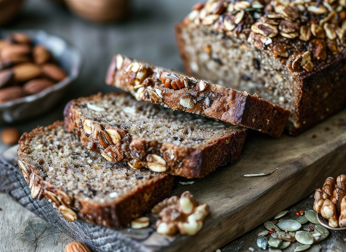 Ein Brett mit einem angeschnittenen Saaten-Brot.