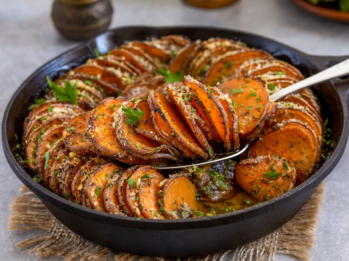 Eine gusseiserne Pfanne mit Süßkartoffelgratin.