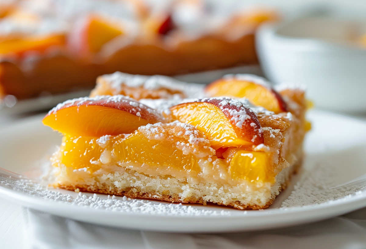 Ein Stück Pfirsich-Blechkuchen auf weißem Teller.