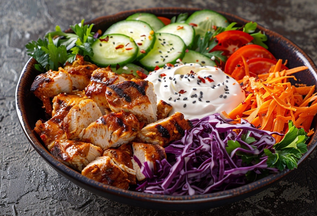 Döner-Bowl mit Rotkohl, Weißkohl, Möhren, Gurken und Fleisch, außerdem Joghurtsoße.