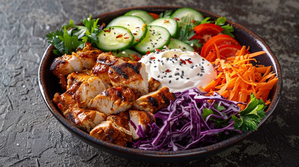 Döner-Bowl mit Rotkohl, Weißkohl, Möhren, Gurken und Fleisch, außerdem Joghurtsoße.