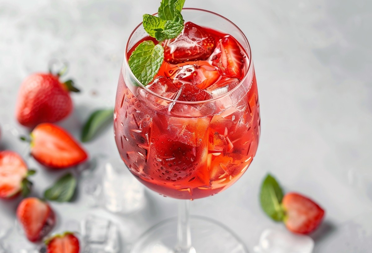 Ei Weinglas Erdbeer-Limoncello-Spritz mit Eiswürfeln und Erdbeeren, garniert mit Minze, drumherum unscharf Erdbeeren.