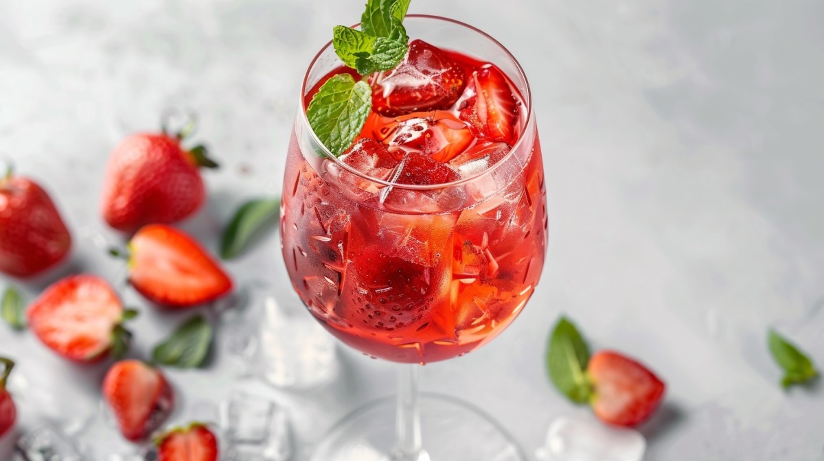 Ei Weinglas Erdbeer-Limoncello-Spritz mit Eiswürfeln und Erdbeeren, garniert mit Minze, drumherum unscharf Erdbeeren.