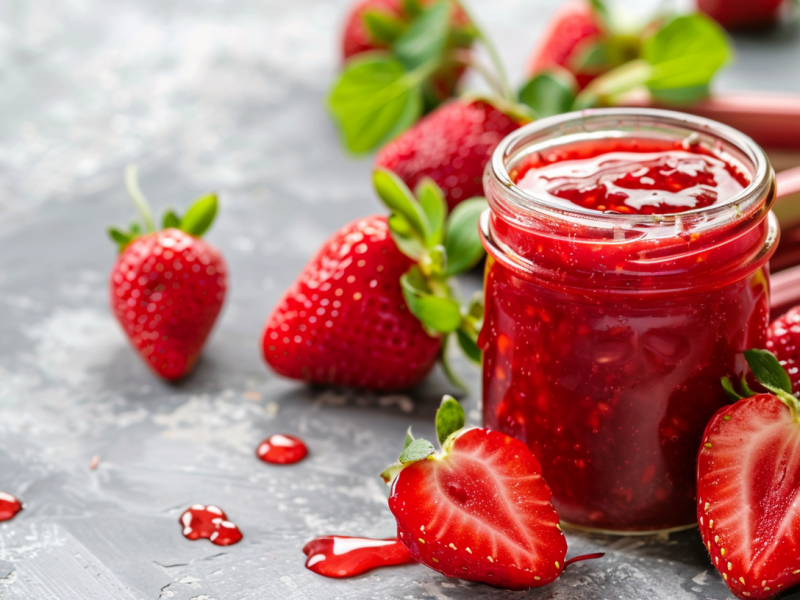 Ein Glas Erdbeer-Rhabarber-Marmelade. Daneben Erdbeeren und Rhabarberstangen.