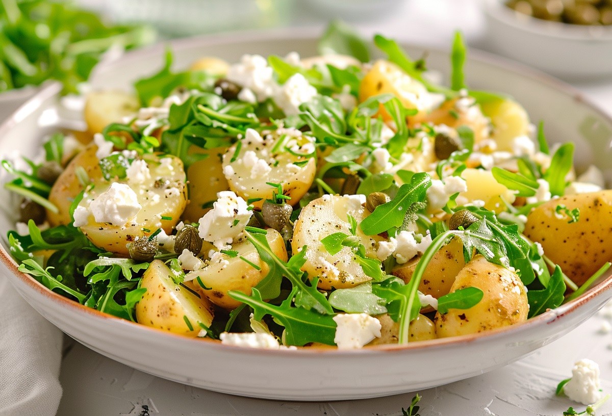 Eine Schale Kartoffelsalat mit Rucola und Schafskäse sowie Kapern, Nahaufnahme.