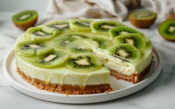 Ein Kiwi-Cheesecake, aus dem schon ein Stück geschnitten wurde.