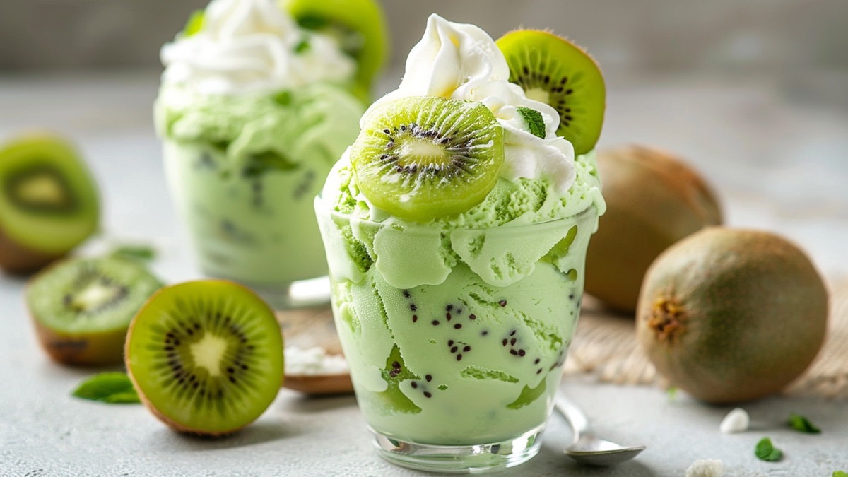 Grünes Kiwi-Eis im Glas mit Sahne