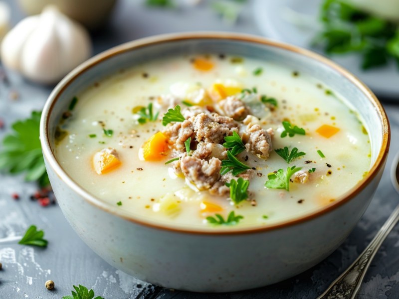 Eine Schüssel Kohlrabisuppe mit Hackfleisch und Möhren, garniert mit gehackter Petersilie, daneben ein Löffel, Nahaufnahme.