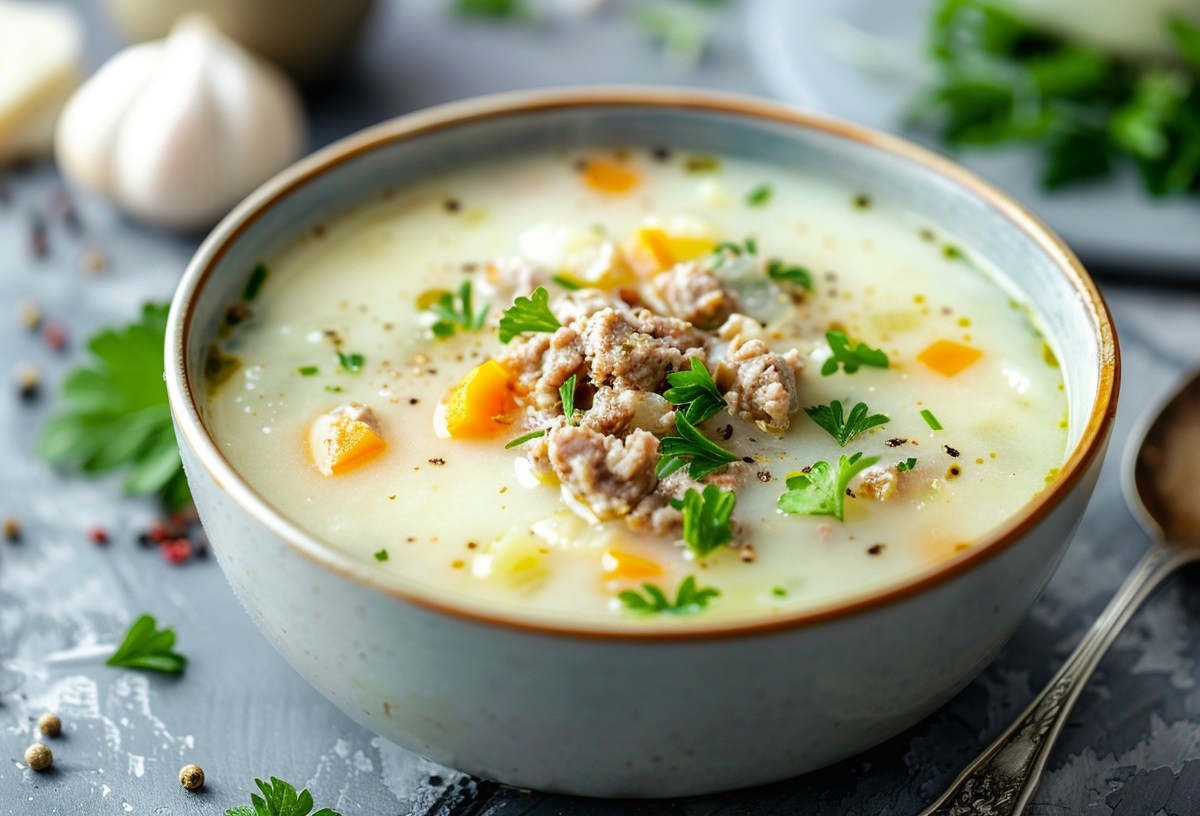 Eine Schüssel Kohlrabisuppe mit Hackfleisch und Möhren, garniert mit gehackter Petersilie, daneben ein Löffel, Nahaufnahme.