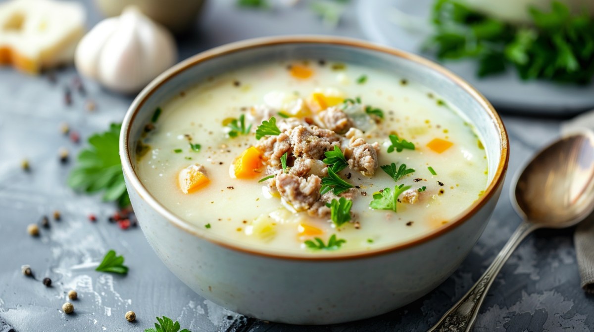 Eine Schüssel Kohlrabisuppe mit Hackfleisch und Möhren, garniert mit gehackter Petersilie, daneben ein Löffel, Nahaufnahme.