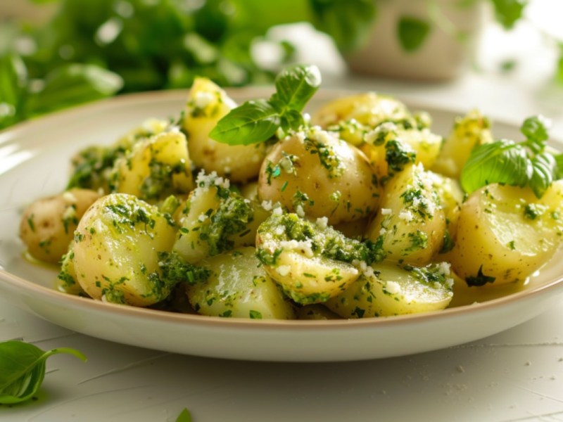 Ein Teller mit Pesto-Kartoffelsalat.