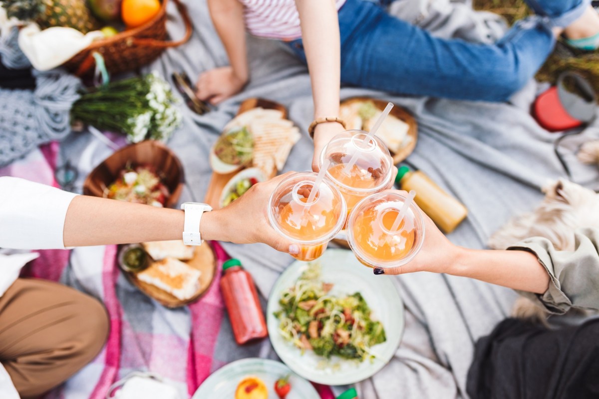 Picknick-Ideen: eine Picknickdecke, auf der 3 Menschen sitzen, die anstoßen, auf der Decke ein paar Speisen.