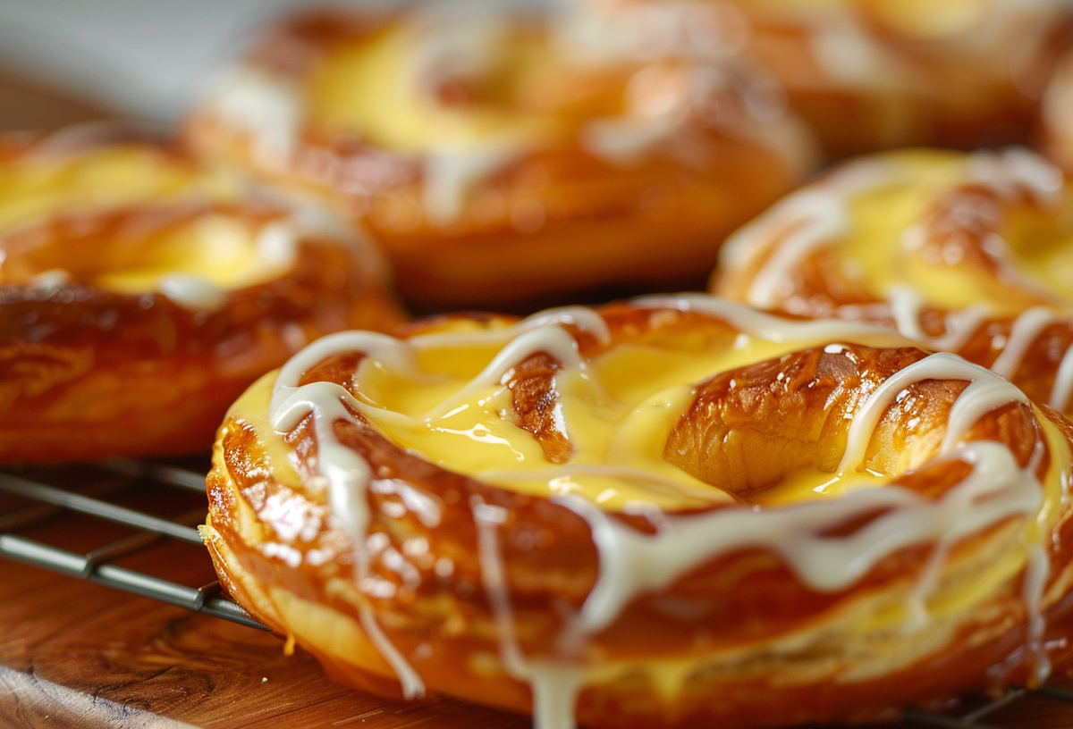 Puddingbrezel aus Blätterteig auf einem Kuchengitter