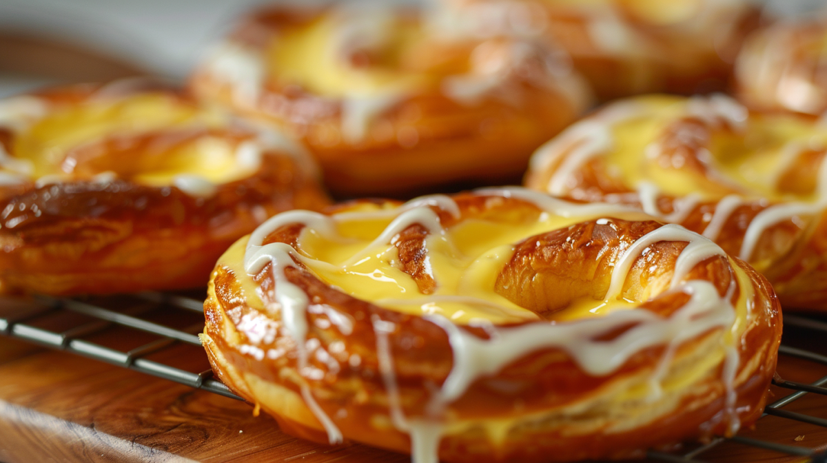 Puddingbrezel aus Blätterteig auf einem Kuchengitter