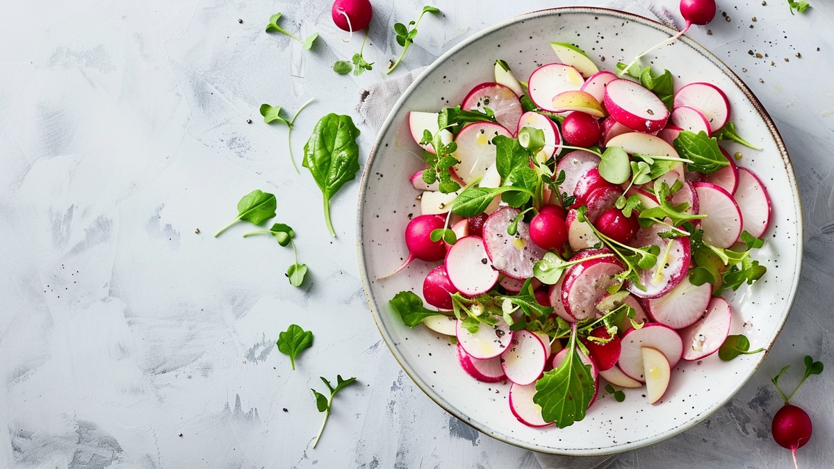 Radieschensalat mit Apfel auf weißem Teller