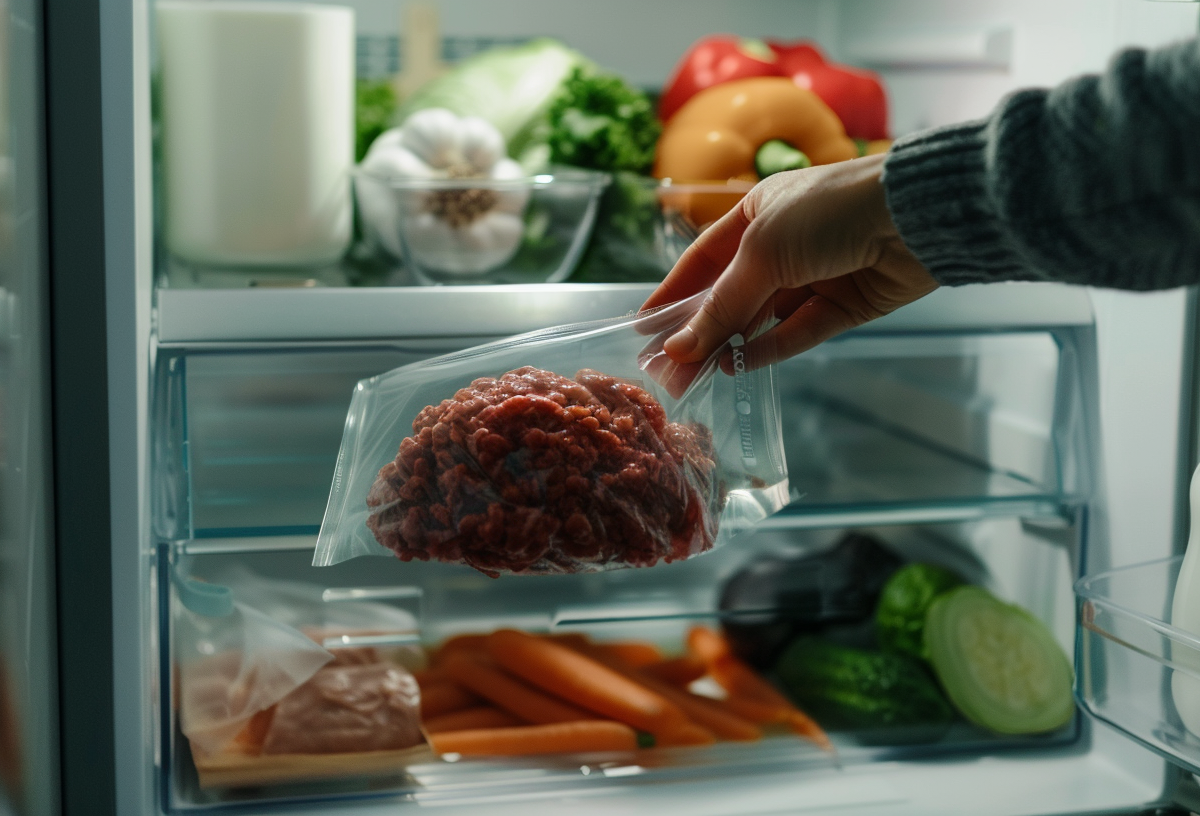 Rohes Hackfleisch aufbewahren: Eine Hand legt einen Beutel Hackfleisch in den Kühlschrank.